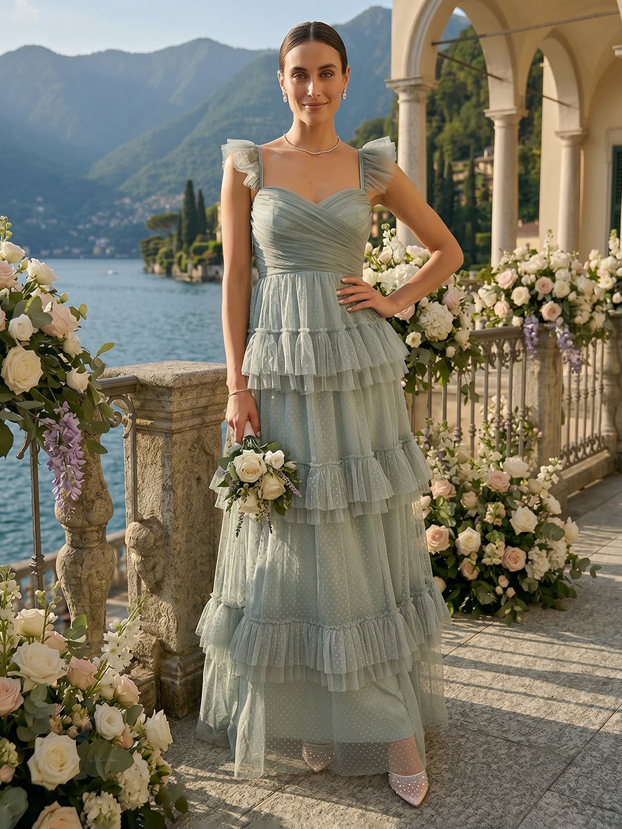 A Line Tiered Sweetheart Flutter Sleeves Long Bridesmaid Dresses