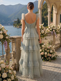 A Line Tiered Sweetheart Flutter Sleeves Long Bridesmaid Dresses