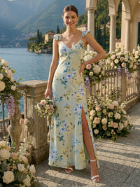A Line V Neck Flutter Sleeves Long Bridesmaid Dresses with Slit