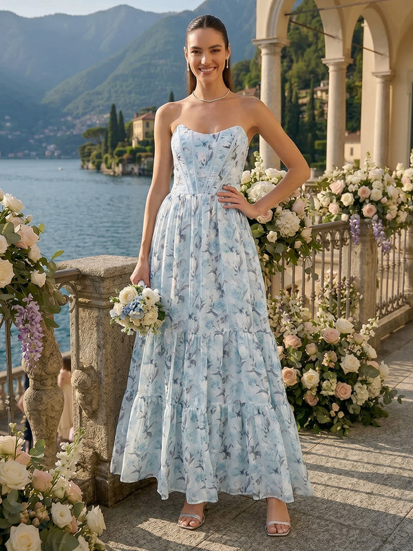 A Line Strapless Sleeveless Long Bridesmaid Dresses