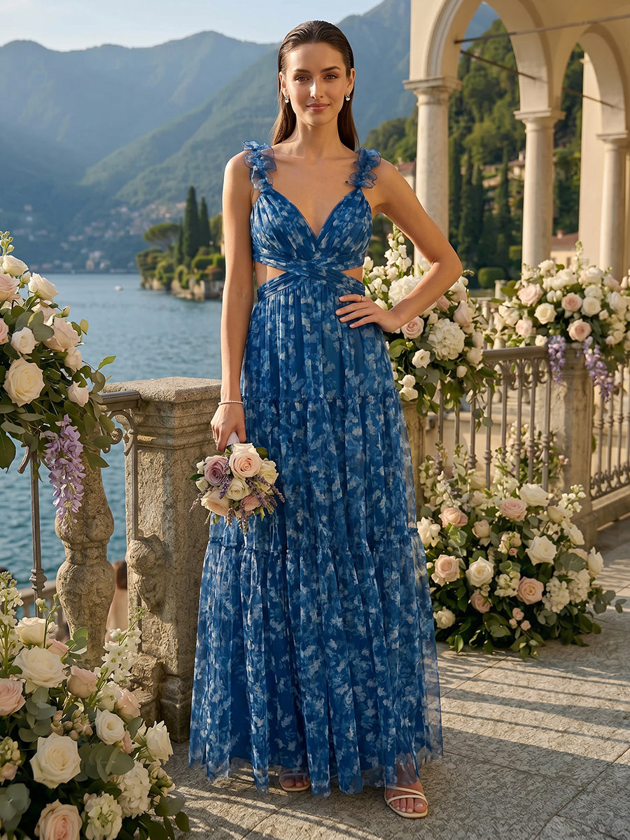Tulle A Line V Neck Sleeveless Long Bridesmaid Dresses