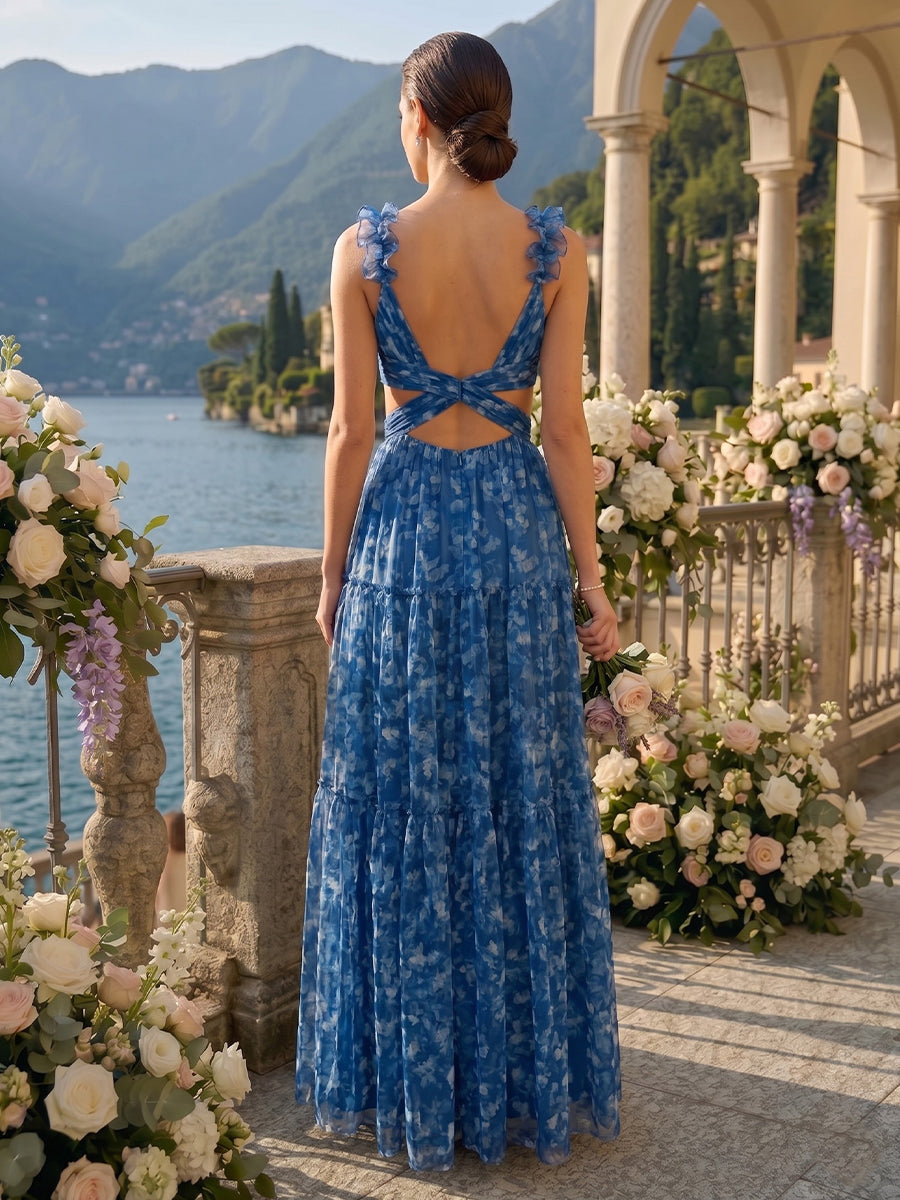 Tulle A Line V Neck Sleeveless Long Bridesmaid Dresses