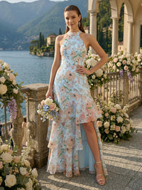 A Line High Neck Sleeveless Long Bridesmaid Dresses with Slit