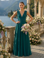 A Line Pleated Deep V Neck Sleeveless Long Bridesmaid Dresses
