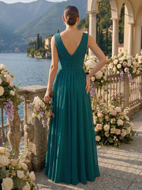 A Line Pleated Deep V Neck Sleeveless Long Bridesmaid Dresses