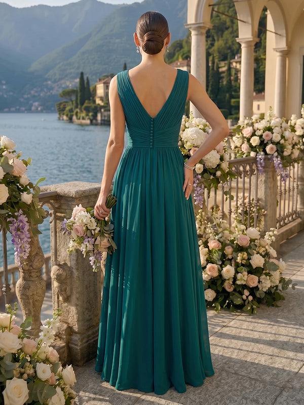 A Line Pleated Deep V Neck Sleeveless Long Bridesmaid Dresses