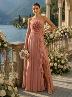 A Line Strapless Sleeveless Long Bridesmaid Dresses with Flower