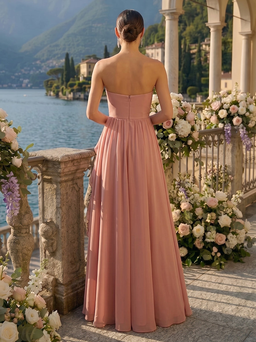 A Line Strapless Sleeveless Long Bridesmaid Dresses with Flower