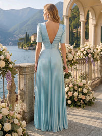 A Line Round Neck Short Sleeves Long Bridesmaid Dresses with Slit