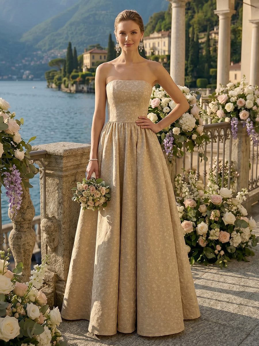 A Line Strapless Sleeveless Long Satin Bridesmaid Dresses