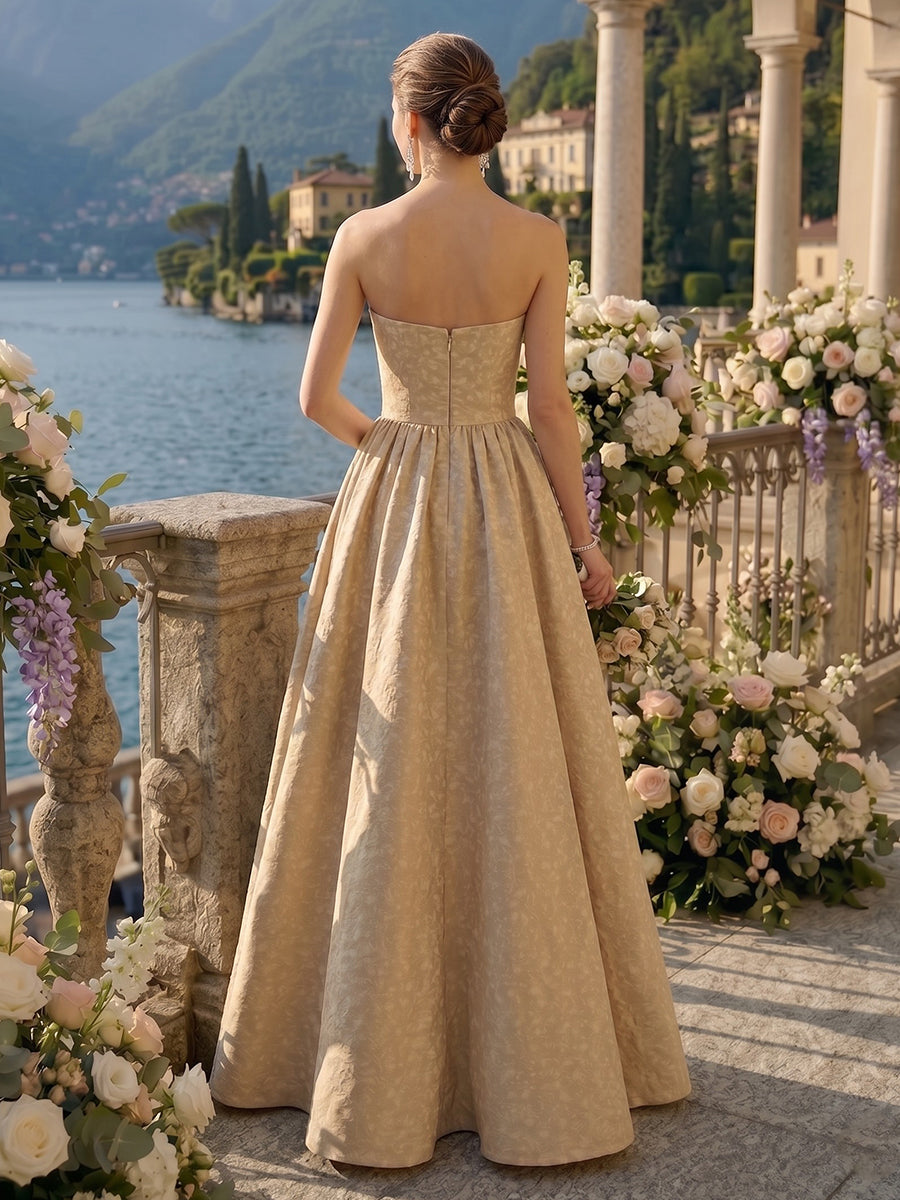 A Line Strapless Sleeveless Long Satin Bridesmaid Dresses
