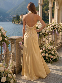 A Line High Neck Sleeveless Long Bridesmaid Dresses with Slit