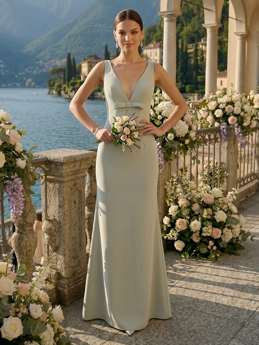 Mermaid Deep V Neck Sleeveless Long Bridesmaid Dresses with Bow