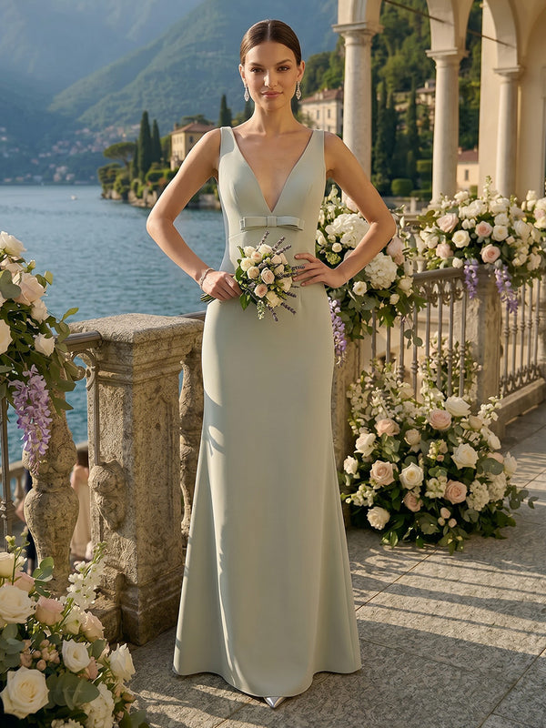 Mermaid Deep V Neck Sleeveless Long Bridesmaid Dresses with Bow