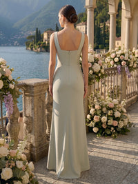 Mermaid Deep V Neck Sleeveless Long Bridesmaid Dresses with Bow