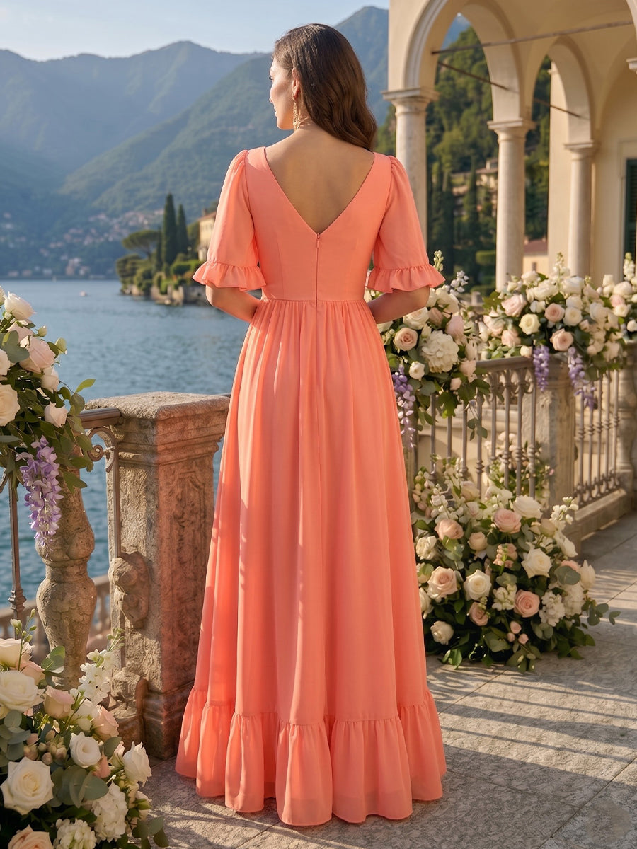 A Line V Neck Short Sleeves Long Bridesmaid Dresses with Slit