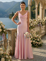 A Line Satin Cowl Neck Sleeveless Long Bridesmaid Dresses