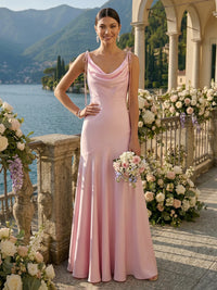 A Line Satin Cowl Neck Sleeveless Long Bridesmaid Dresses