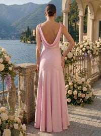 A Line Satin Cowl Neck Sleeveless Long Bridesmaid Dresses