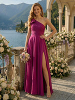 A Line One Shoulder Sleeveless Long Bridesmaid Dresses with Slit