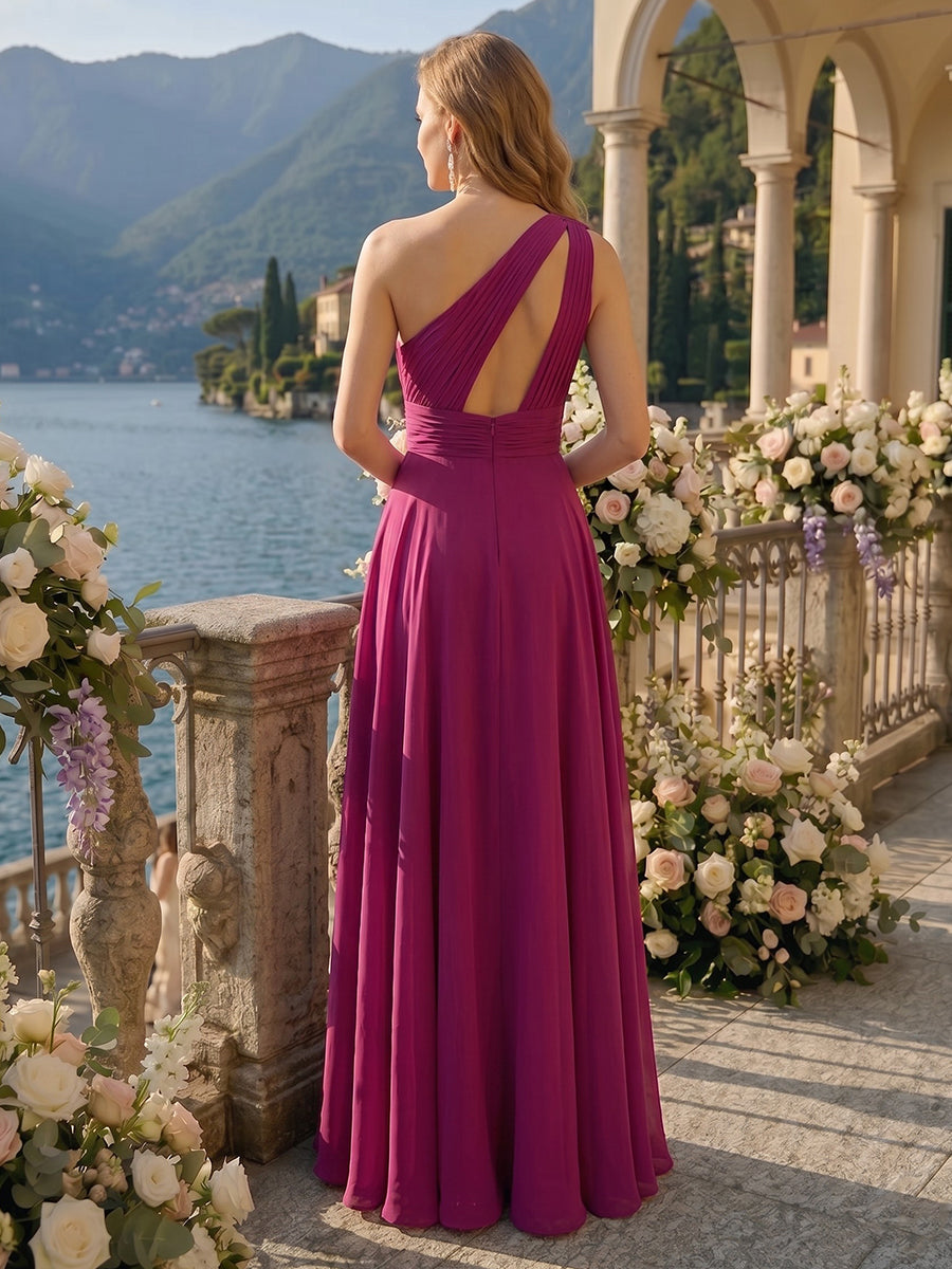 A Line One Shoulder Sleeveless Long Bridesmaid Dresses with Slit