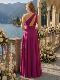 A Line One Shoulder Sleeveless Long Bridesmaid Dresses with Slit