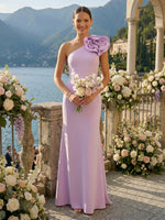 Mermaid One Shoulder Sleeveless Long Bridesmaid Dresses with Flower