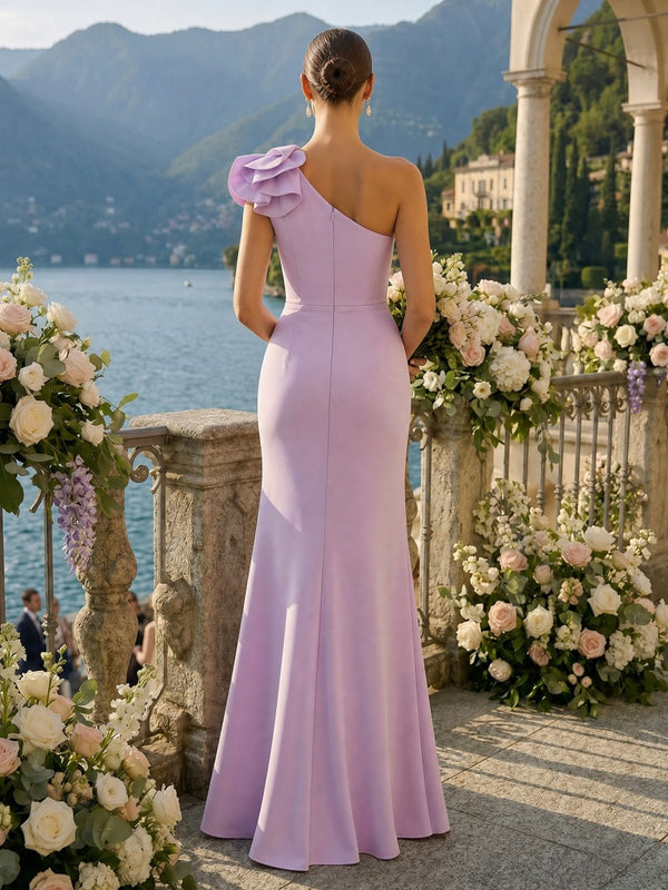 Mermaid One Shoulder Sleeveless Long Bridesmaid Dresses with Flower