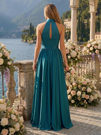 A Line High Neck Sleeveless Long Bridesmaid Dresses with Slit