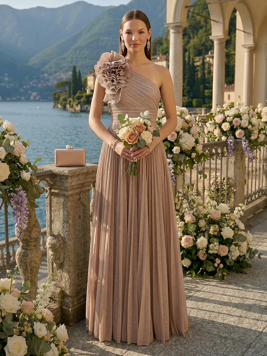 A Line One Shoulder Sleeveless Long Bridesmaid Dresses with Flower
