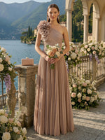 A Line One Shoulder Sleeveless Long Bridesmaid Dresses with Flower
