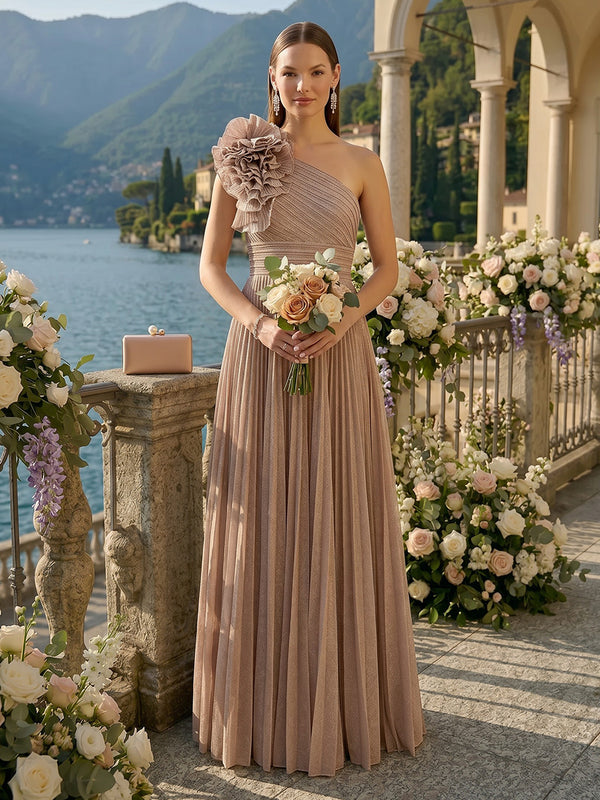 A Line One Shoulder Sleeveless Long Bridesmaid Dresses with Flower