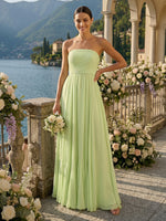 A Line Pleated Strapless Sleeveless Long Chiffon Bridesmaid Dresses