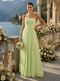 A Line Pleated Strapless Sleeveless Long Chiffon Bridesmaid Dresses