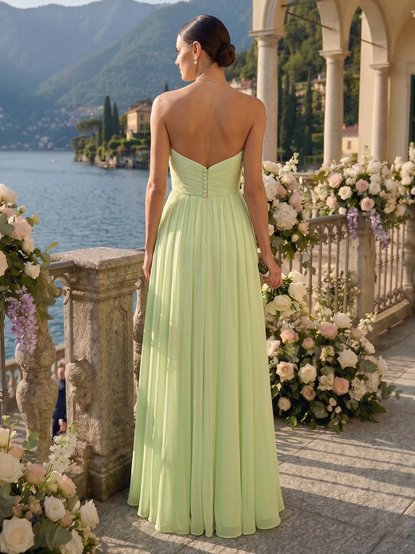 A Line Pleated Strapless Sleeveless Long Chiffon Bridesmaid Dresses