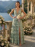 A Line Deep V Neck Sleeveless Long Bridesmaid Dresses with Slit