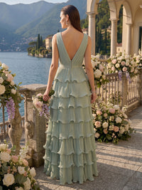 A Line Deep V Neck Sleeveless Long Bridesmaid Dresses with Slit