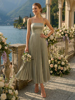 A Line Square Neck Sleeveless Long Pleated Bridesmaid Dresses