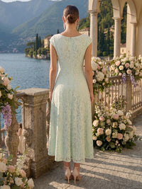 A Line Round Neck Sleeveless Midi Length Lace Bridesmaid Dresses