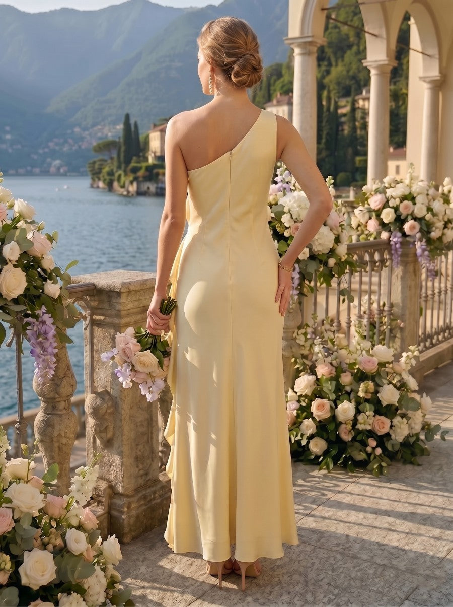 A Line One Shoulder Sleeveless Long Bridesmaid Dresses with Slit
