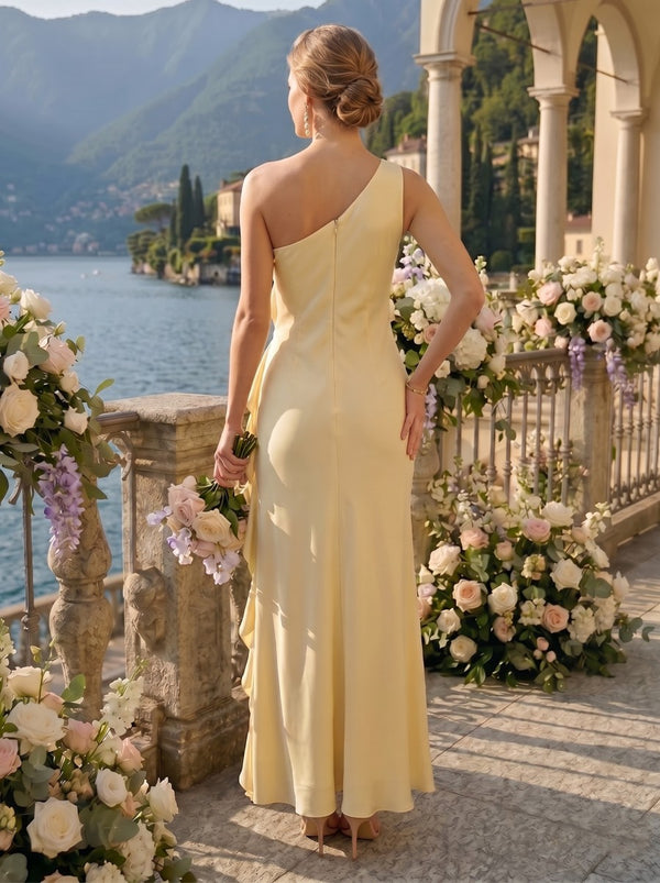 A Line One Shoulder Sleeveless Long Bridesmaid Dresses with Slit
