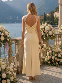 A Line High Neck Sleeveless Long Bridesmaid Dresses