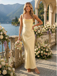 Mermaid Square Neck Sleeveless Long Satin Bridesmaid Dresses