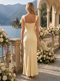 Mermaid Square Neck Sleeveless Long Satin Bridesmaid Dresses