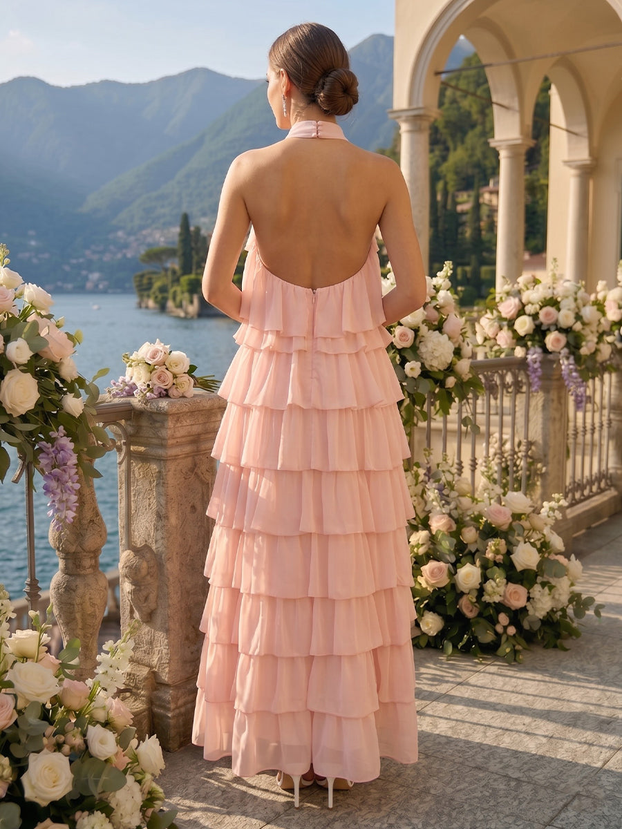 A Line Tiered High Neck Sleeveless Long Chiffon Bridesmaid Dresses