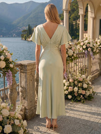 Mermaid V Neck Short Sleeves Long Satin Bridesmaid Dresses