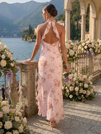 Mermaid Halter Sleeveless Long Chiffon Bridesmaid Dresses with Slit