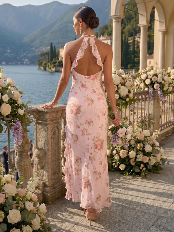Mermaid Halter Sleeveless Long Chiffon Bridesmaid Dresses with Slit