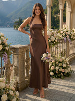 A Line Halter Sleeveless Long Satin Bridesmaid Dresses