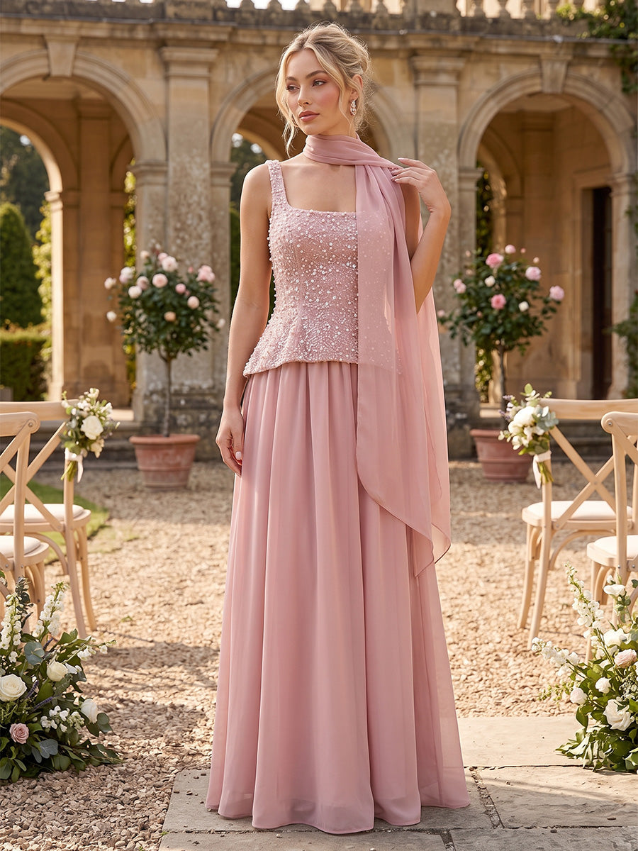 Chiffon Bridesmaid Dresses A Line Square Neck Sleeveless with Scarf